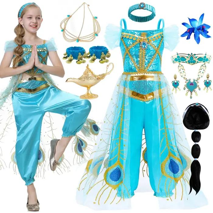 Robe de princesse Jasmine pour filles, lampe magique, Costume de fête d'anniversaire, Cosplay Aladdi