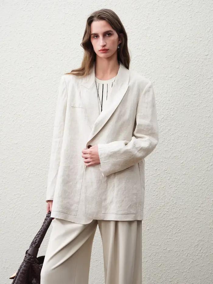 Blazer en lin 100 % pour femme FSLE Printemps 2026 - Coupe décontractée, surchemise non structurée p