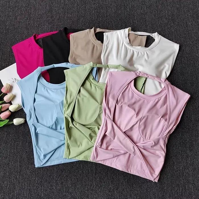 Débardeur de sport pour femme, coupe ajustée, dos ouvert, avec bonnets fixes intégrés, respirant, po