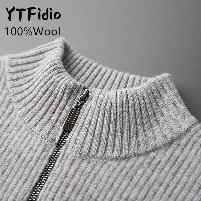 YTFidio-Pull à col mi-haut pour homme, 100% laine, pull à fermeture éclair avec poche, cardigan épai