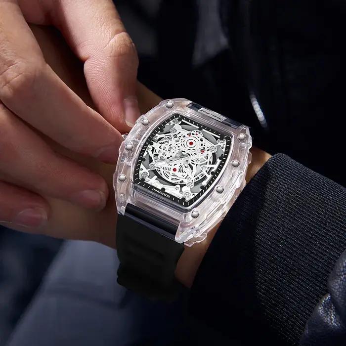 UTHAI BK134 montre à la mode pour hommes en forme de baril montre à quartz étanche transparente horl
