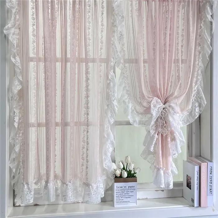 Rideau transparent en dentelle à fleurs rayées roses, romantique coréen, avec poche en dentelle à vo