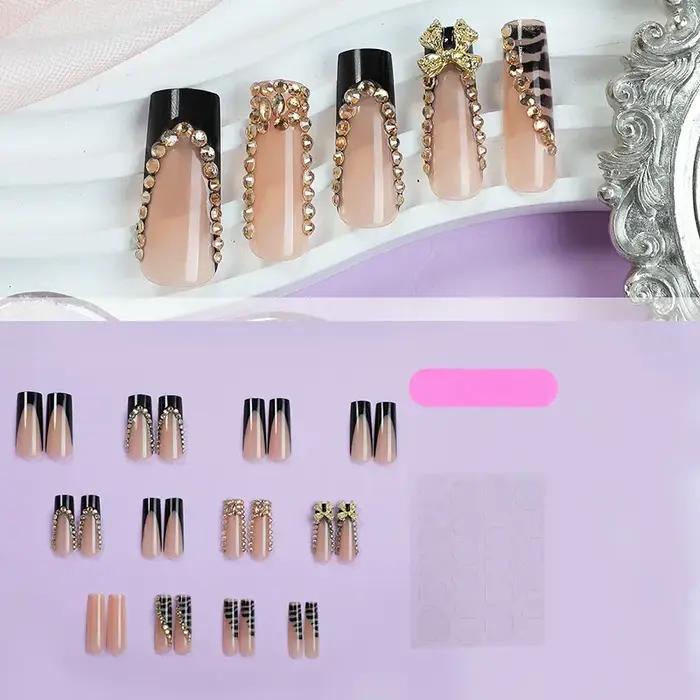 24 pièces noir français presse sur faux ongles diamants arc conception faux ongles élégant paillette
