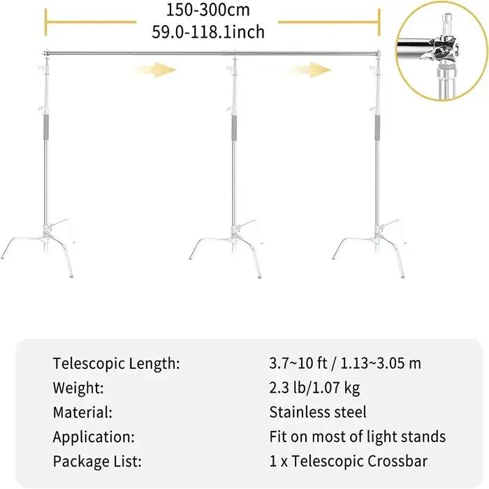 Barre transversale télescopique de 3M de longueur maximale, trépied réglable en C pour photographie,