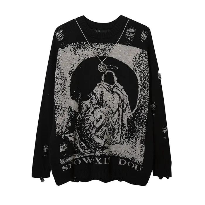 Harajuku – tricot imprimé pour femme, Streetwear Hip Hop, déchiré, déchiré, surdimensionné
