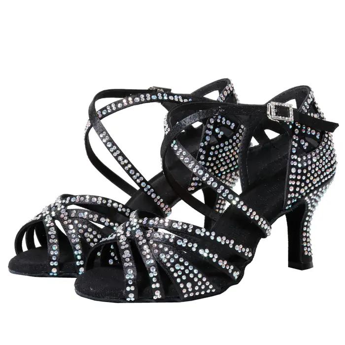 Sandales de danse latine pour femmes avec talon diamanté 7.5cm pour Cha Cha Salsa et autres danses latines occasions sociales et compétitifs