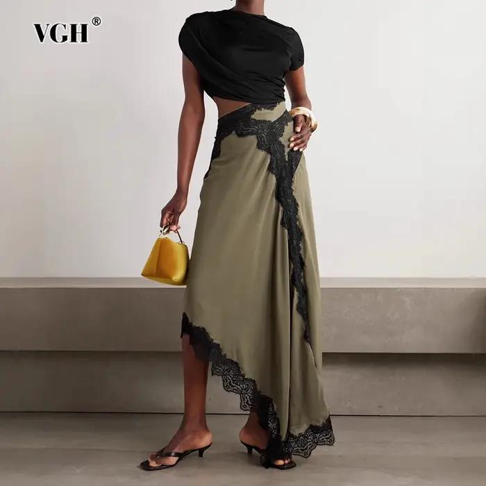 VGH Hit couleur Patchwork dentelle femmes robe col rond manches courtes taille haute décontracté Sex