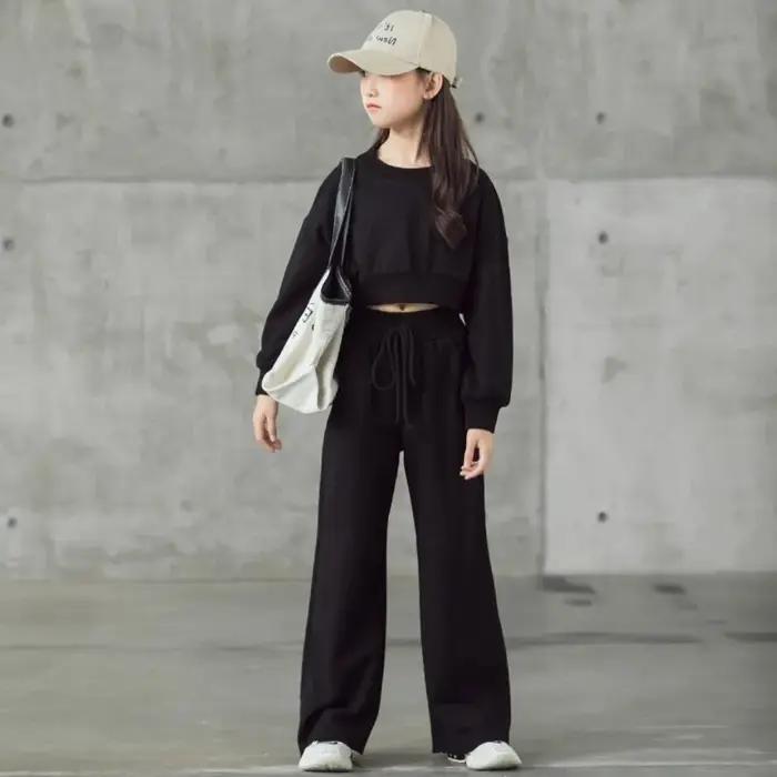 Ensemble de couleur unie pour filles, pull court à manches longues et pantalon, 2 pièces, nouvelle m