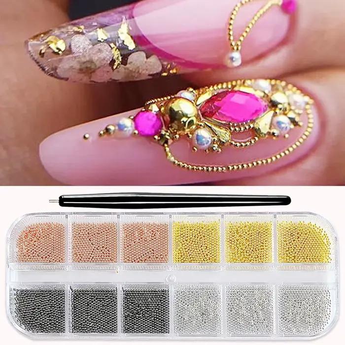 Mini perles de Caviar à 12 grilles, décorations pour Nail Art, Micro boule en métal or/argent, brelo