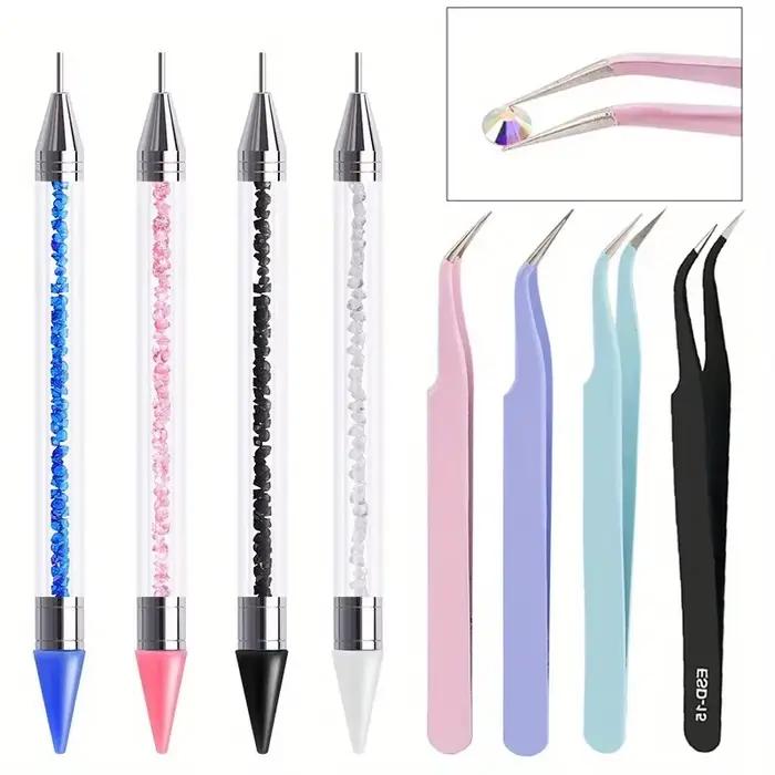 Ensemble de stylos diamant à double extrémité pour manucure, avec crayons, pincettes en acier inoxyd