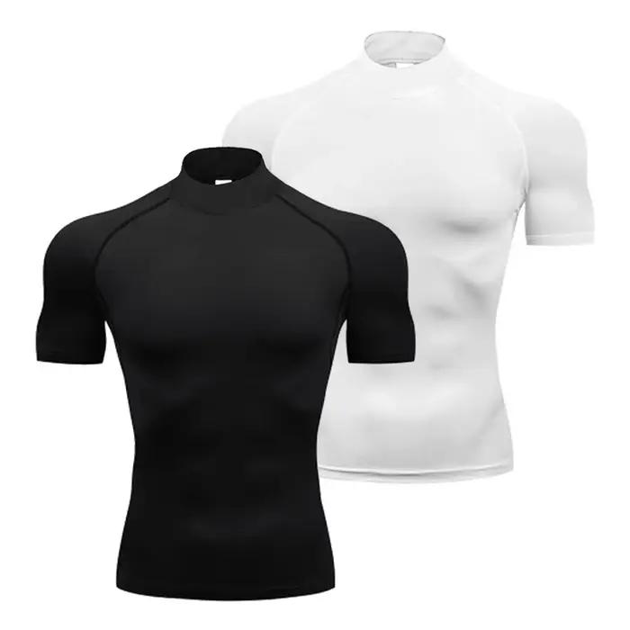 T-shirts à Compression unie pour hommes, T-shirts de course d'été à col roulé, élastiques à séchage