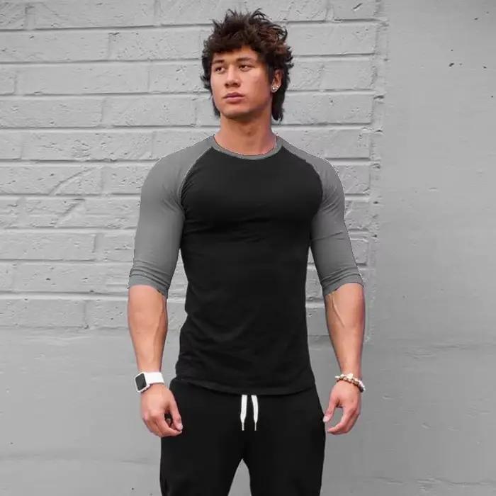 Chemise fitness homme manches 3/4 coton respirant - Haut musculation cintré entraînement été