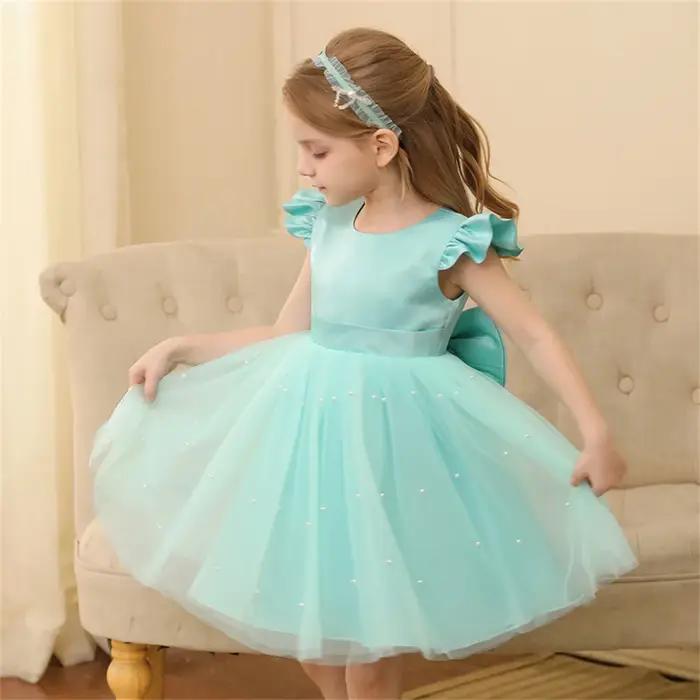 Robe en tulle bleu à dos nu pour petite fille, tenue de fête, princesse, avec nœud papillon
