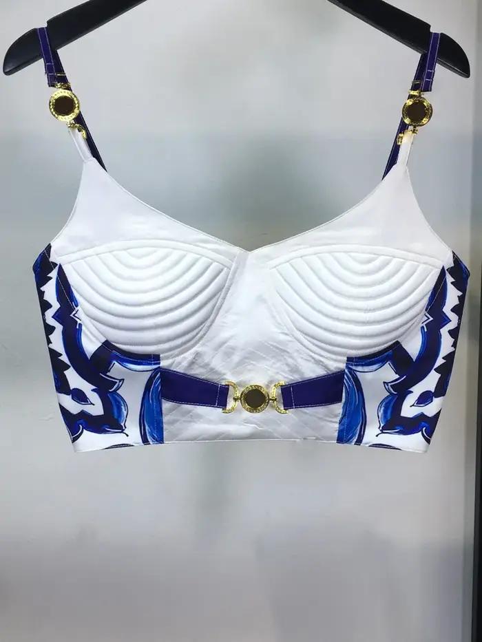Ensemble d'été bohème en porcelaine bleue et blanche pour femme, bretelles spaghetti, tasse rembourr