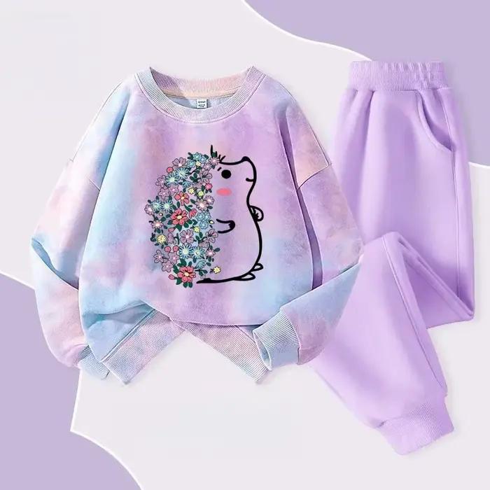 Automne bébé fille cravate colorant vêtements ensemble dessin animé imprimé pull sweats haut et pant