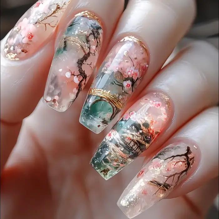 24 pièces ensembles de faux ongles portables fleur rose longue cercueil faux ongles fini mode paille