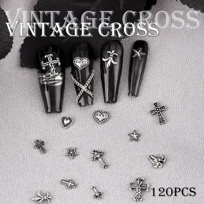 120 pièces/1 boîte européen américain foncé vintage style croix nail art patch y2k Premium métal Sty