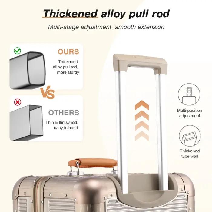 Valise en alliage d'aluminium et de magnésium, compartiment 3:7, roues silencieuses, serrure TSA, po