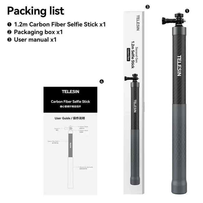 TELESIN 1.2M 3M perche à Selfie en Fiber de carbone monopode extensible avec vis 1/4 pour GoPro 13 1