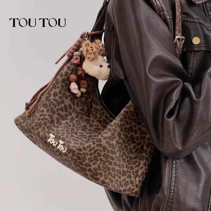 Sac à bandoulière toutou y2k à imprimé léopard, avec pendentif chiot mignon, sac hobo de grande capa