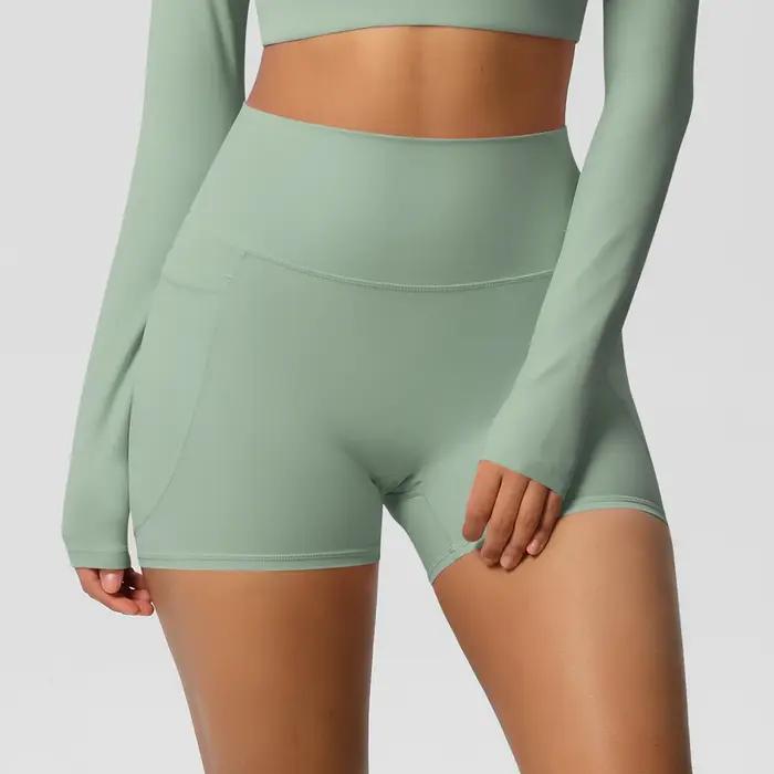 Short de Yoga en Nylon de couleur unie pour femmes, short de levage du ventre, cyclisme en plein air