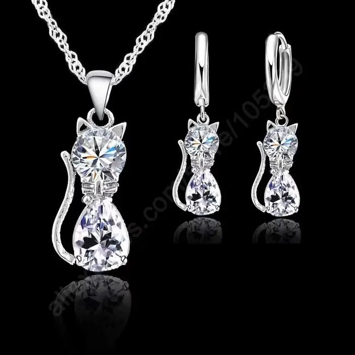 Ensembles de bijoux en argent CZ pour femmes et filles, collier en forme de chat mignon, ensemble de