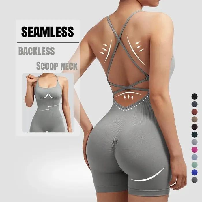 Combinaison de sport sexy pour femme, justaucorps de yoga une pièce, short froncé, dos nu, ajustable