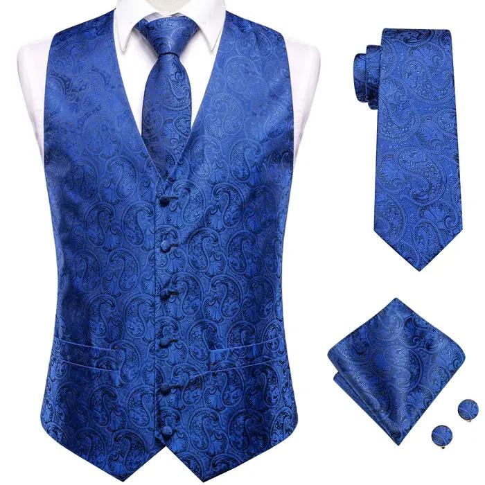 Ensemble Gilet et Cravate pour Homme Bleu Marine Royal, Veste sans Manches, Cravate, Pochette, Bouto