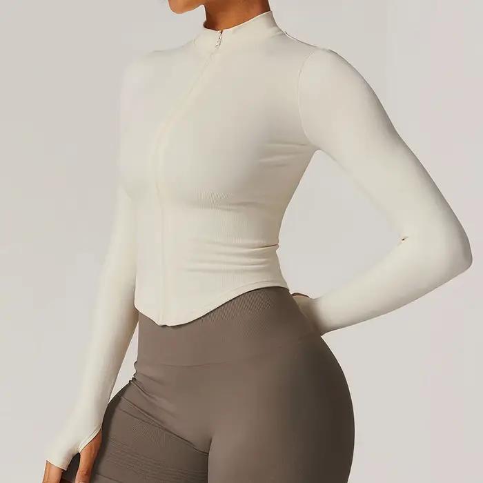 Veste fermeture éclair femme court Yoga sport solide manches longues séchage rapide