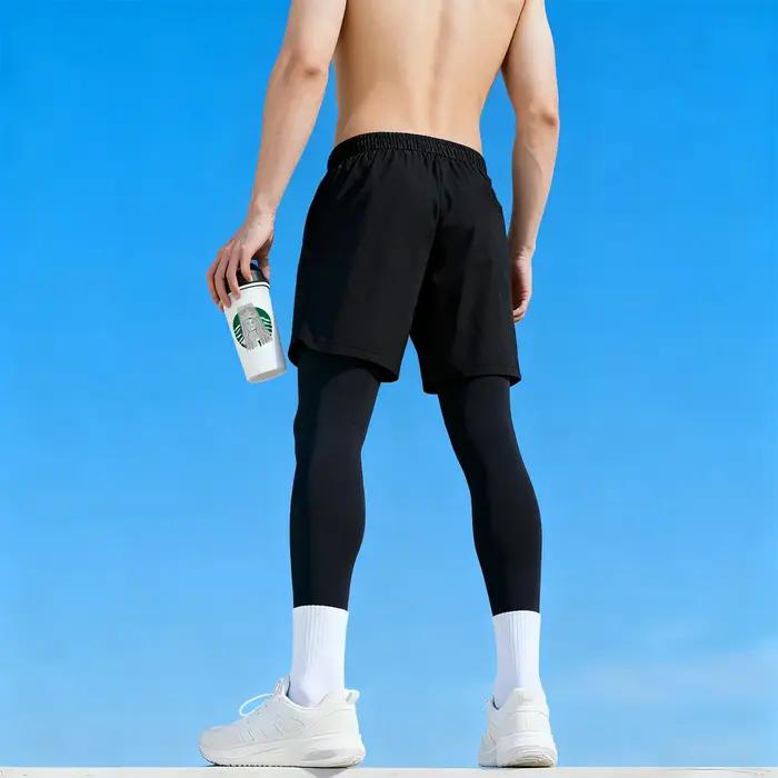 Pantalons de Compression pour hommes avec short, Leggings d'entraînement de course à pied, haute éla