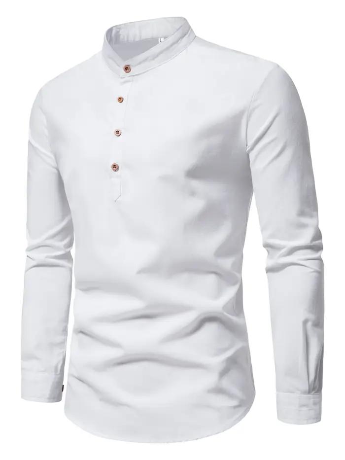 Chemises de couleur unie en pur coton pour hommes, chemises élégantes à manches longues et col monta