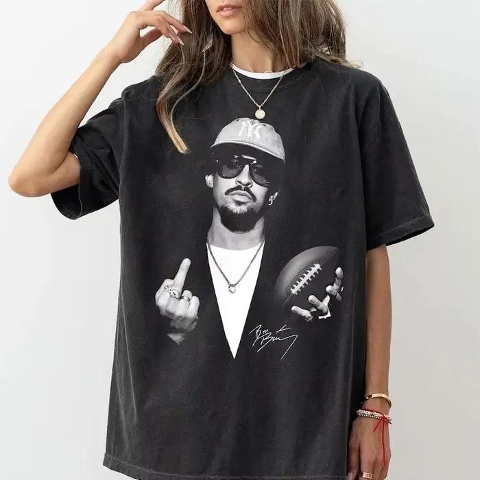 T-shirt en coton à manches courtes Bad Bunny Bowl 2026 Halftime Show, imprimé portrait Bad Bunny, t-
