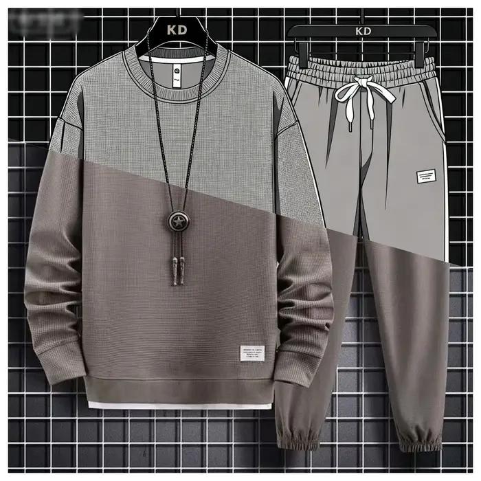 2025 printemps et automne nouveaux hommes gaufre deux pièces sweat-shirt décontracté et pantalon de