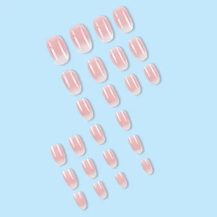 Faux ongles courts ovales dégradés rose pour femmes et filles, finition brillante, couverture complè