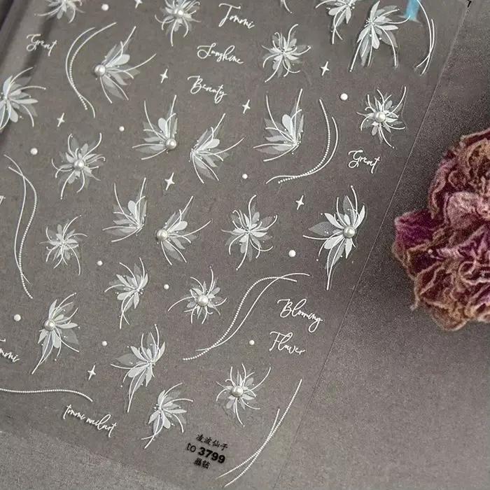 Autocollants pour ongles translucides 5D, haute qualité, en relief, blanc pur, perle dahlia, strass