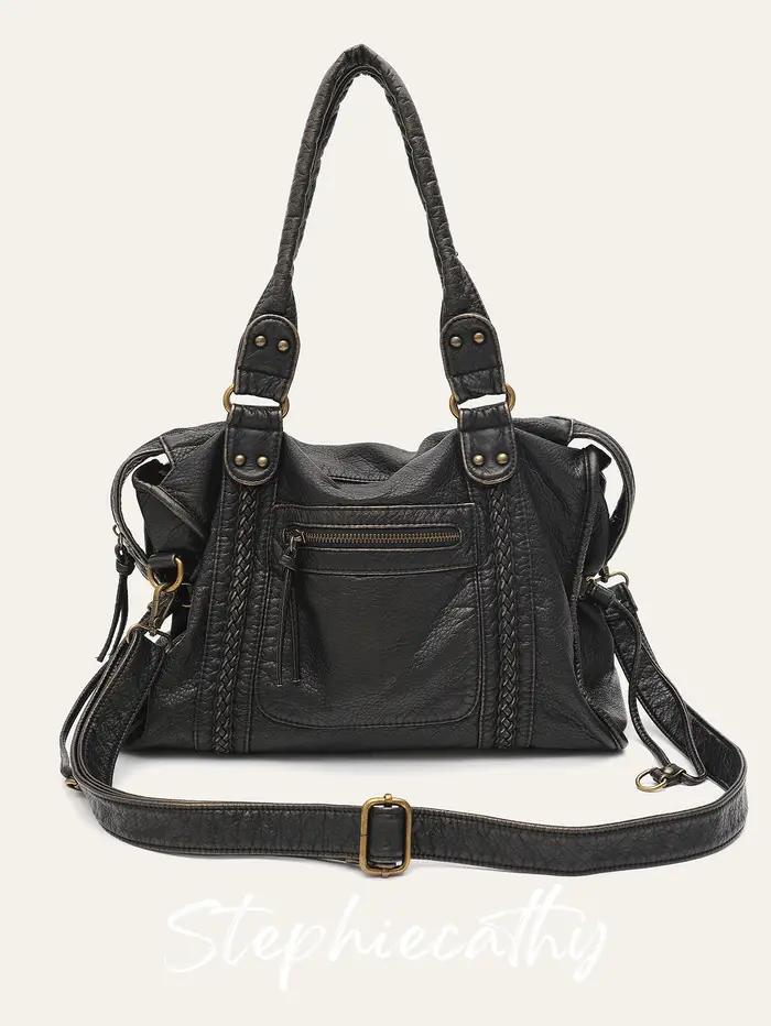 SC rétro décontracté Cool unisexe doux brosse hors lavé PU Vegan cuir sac à main tresse décor bandou