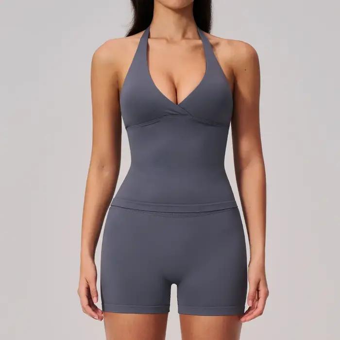 Nouvelle tenue de yoga pour femme avec col halter coupe ajustée survêtement sportif extérieur été séchage rapide activité physique fitness