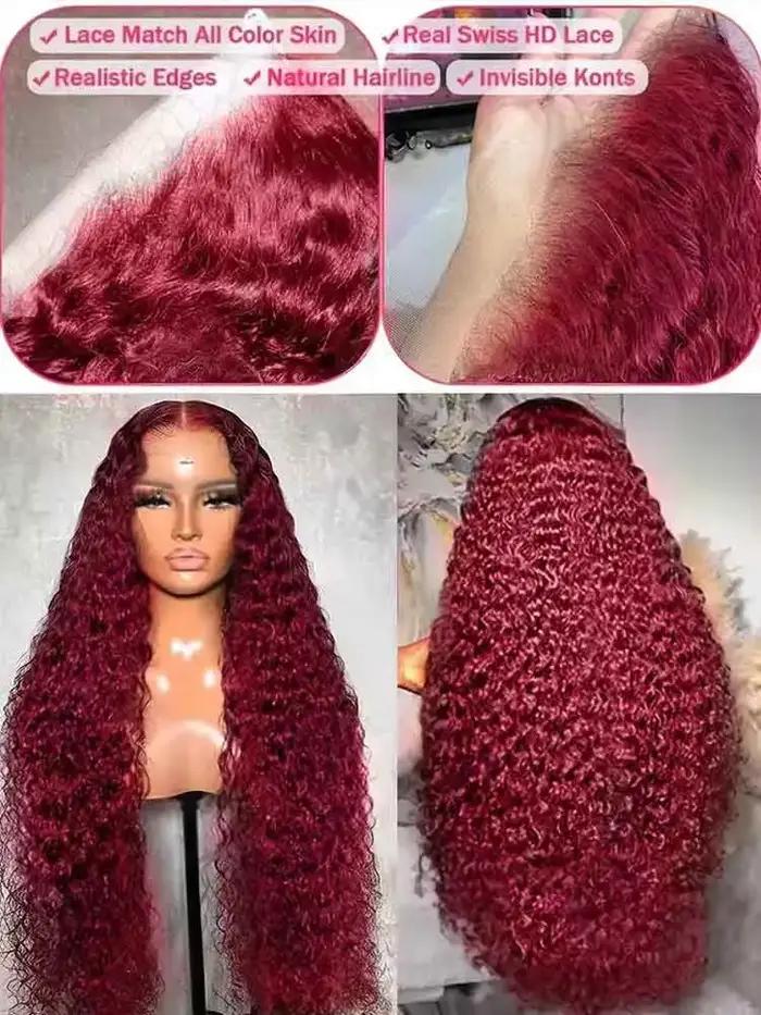 99J bordeaux 250 densité 13x4 HD dentelle avant perruques cheveux humains vin rouge 30 pouces vague