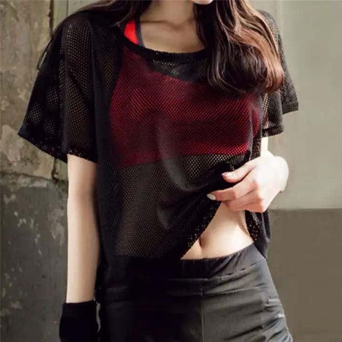 Chemise de yoga femme en maille sexy - T-shirt sport à séchage rapide pour fitness et running