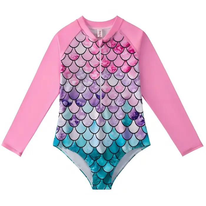 Maillot de bain sirène irisé pour filles de 3 à 8 ans, manches longues, protection contre les érupti