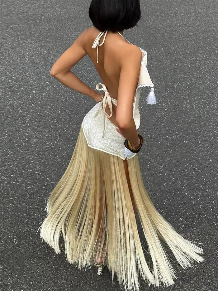 Kliou Sexy Mode Jupes Costumes Femme Halter Bandage Dos Nu Irrégulière Crop Tops + Gland Décoration