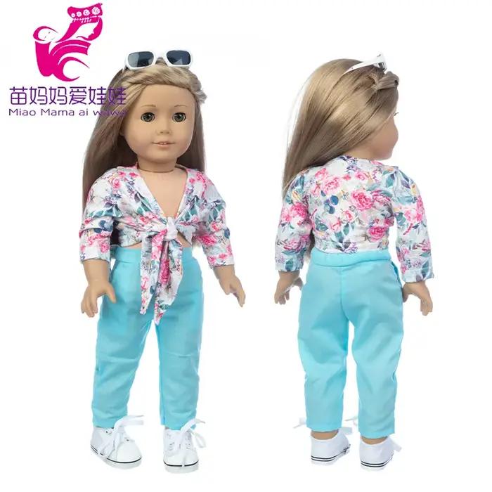 18 pouces fille poupée bleu Blouse cravate un noeud fleur robe bébé poupée vêtements bébé fille cade