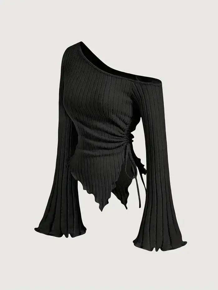 Nouveau femmes Sexy épaules nues croix à manches longues mince T-Shirt décontracté Style de rue asym