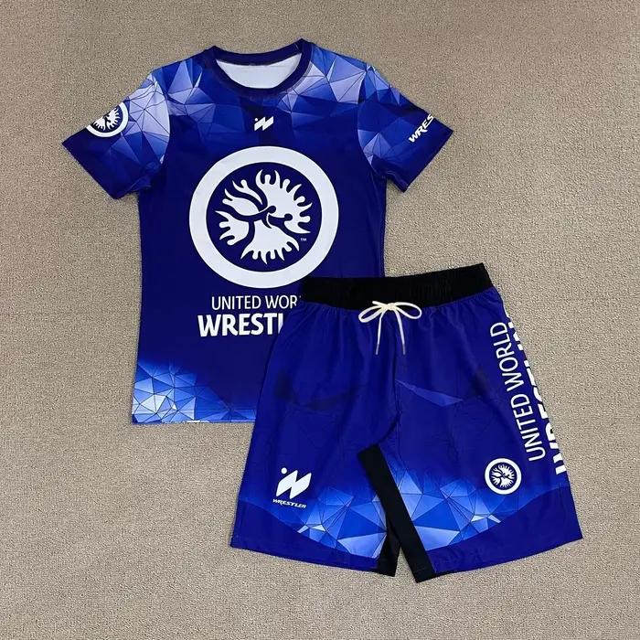 Nouvel ensemble sportif de lutte mondiale 2026 pour hommes et enfants – T-shirt et short noirs et bl