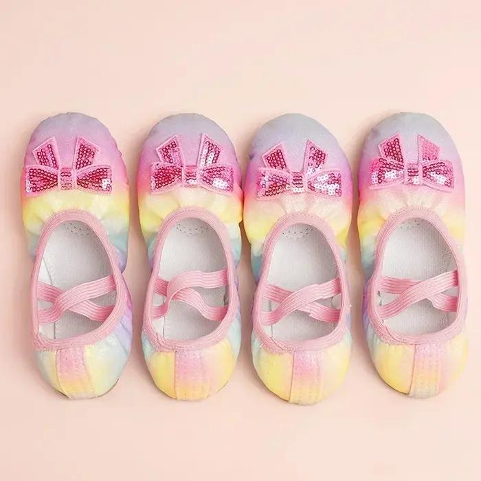 Chaussures de danse pour enfants filles ballerines chaussures arc-en-ciel nœud paillettes en cuir à