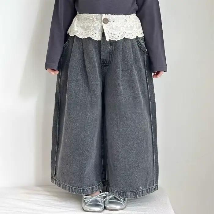 UNITIM Jeans amples en denim pour filles de 2 à 8 ans, avec patchwork en dentelle, pantalon droit dé