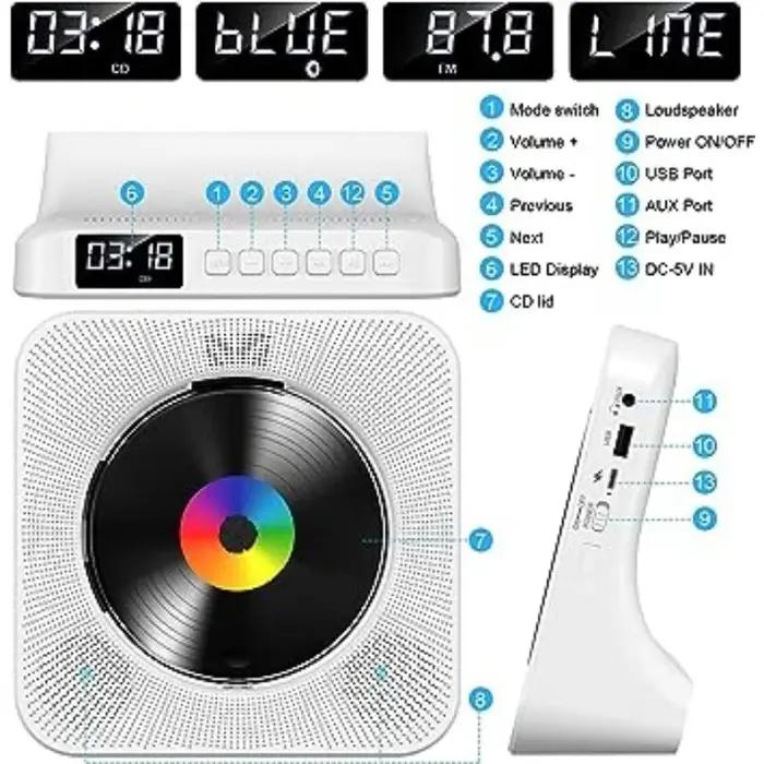 Qoosea Lecteur CD de bureau Bluetooth portable pour la maison avec minuterie Haut-parleurs HiFi inté