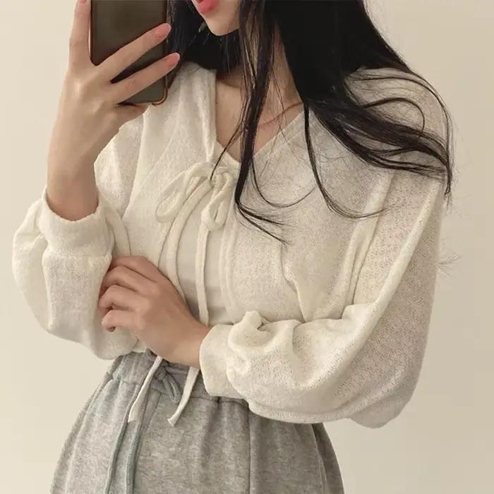Cardigan Blanc Fin à Lacets pour Femme, Tricot d'Été, Protection Solaire, Mode Coréenne, Manches Lan