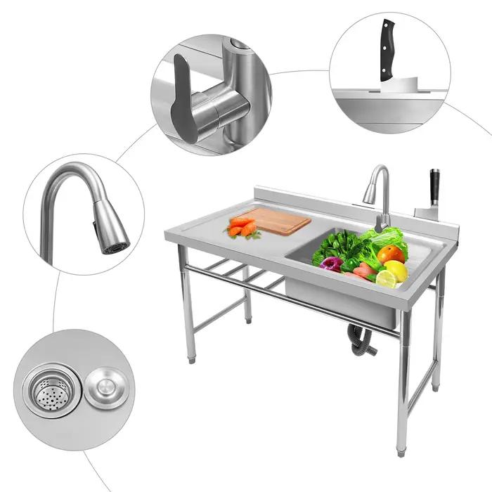 Évier de cuisine en acier inoxydable, 1 compartiment, vidange, utilitaire commercial