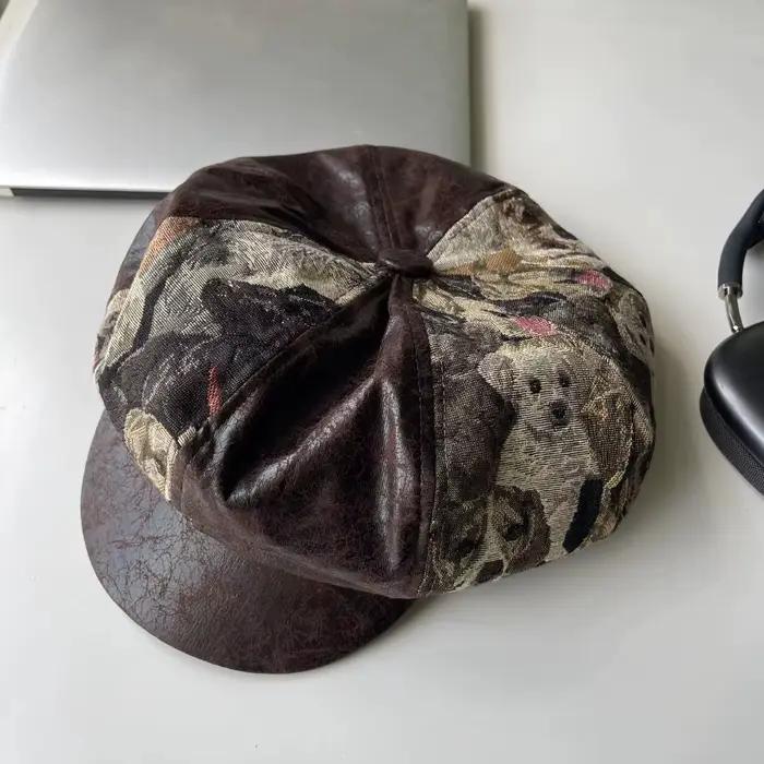 Casquettes pour femmes, béret rétro patchwork, chapeau octogonal en jacquard et velours côtelé, à la